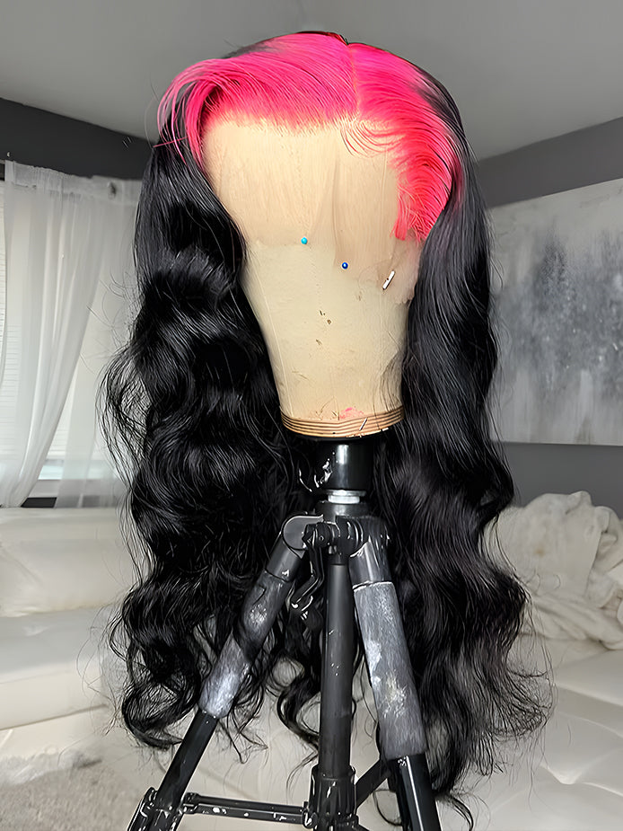 hot-pink-roots-black-hair-lace-front-body-wave-wig-color-in-trend-13x4-wig-luxybie-beauty-wig