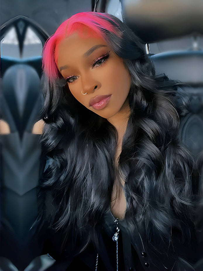 hot-pink-roots-black-hair-lace-front-body-wave-wig-color-in-trend-13x4-wig-luxybie-beauty-wig